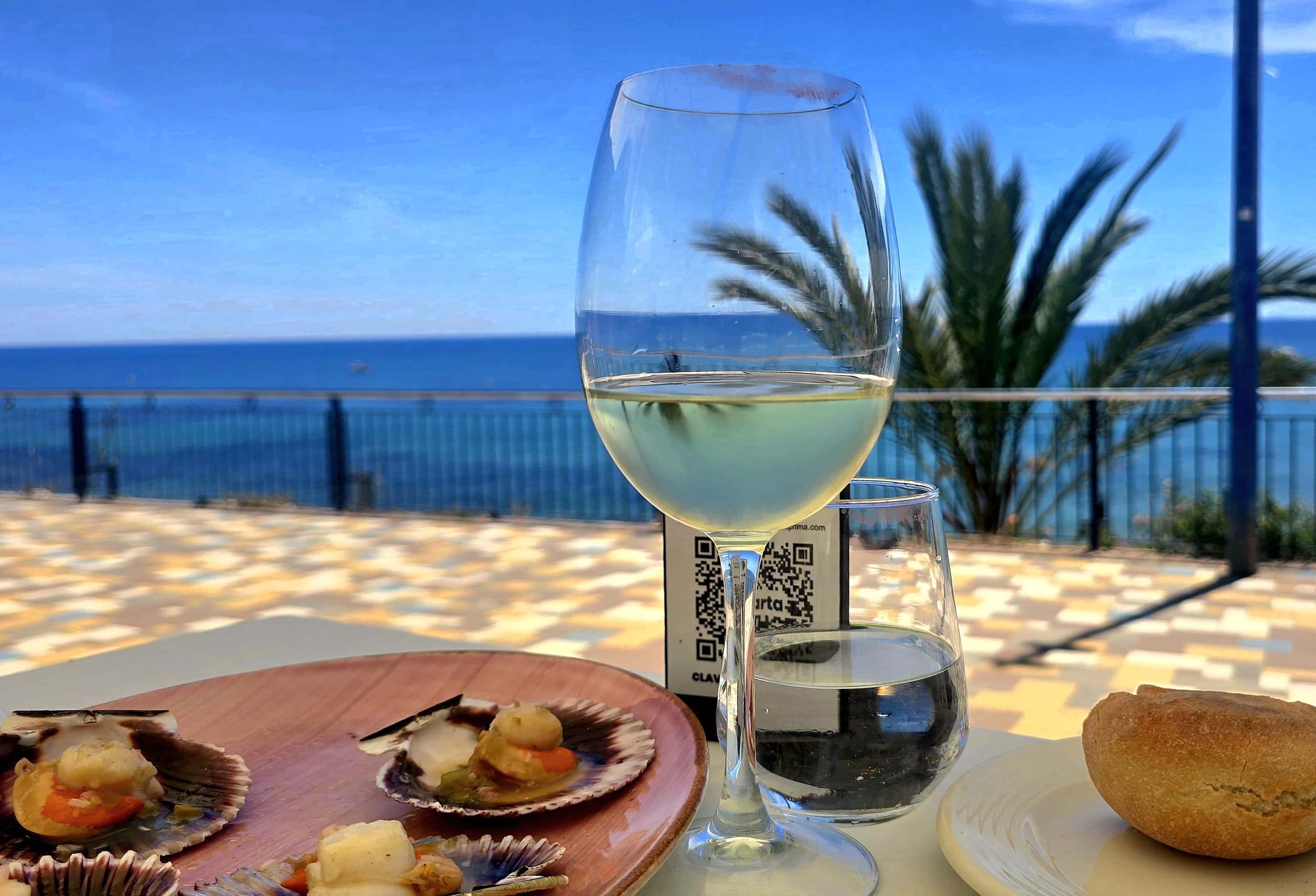 Witte wijn en coquilles op een terras met zeezicht aan de Costa Blanca