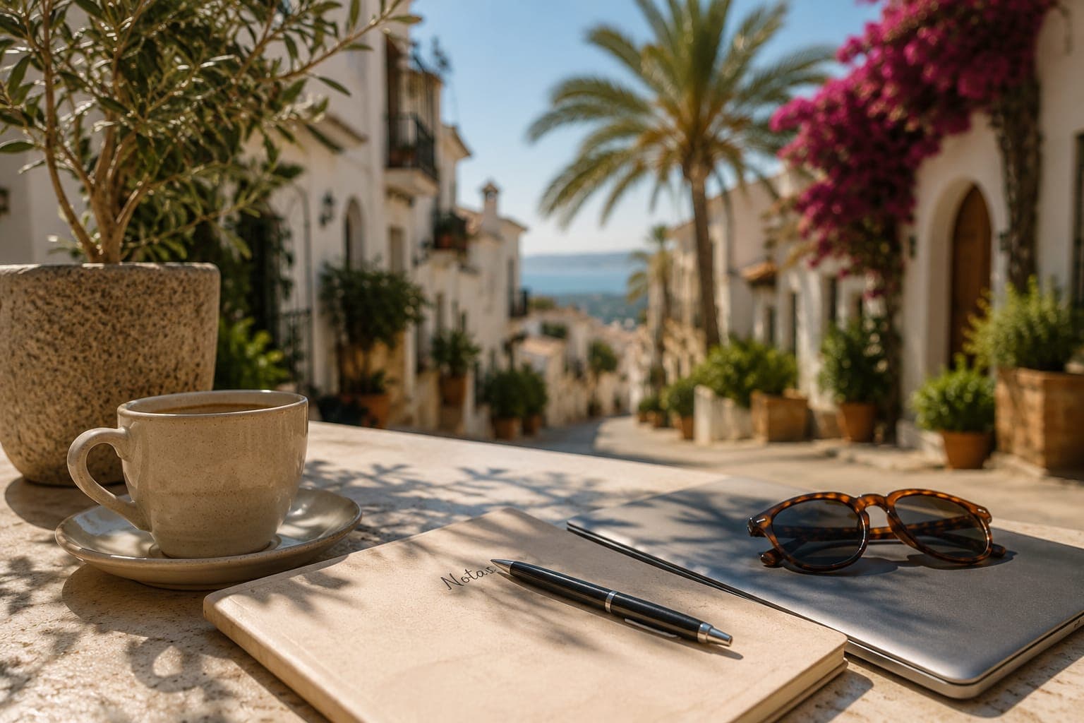 Mediterraan straatje met koffie en notitieboek
