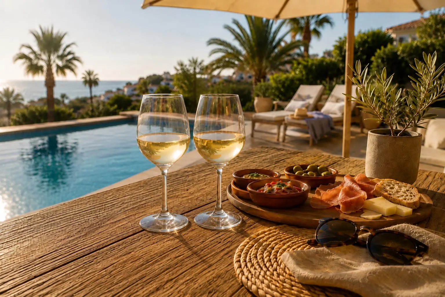 Twee glazen wijn met tapas op een terras bij het zwembad, met uitzicht op zee